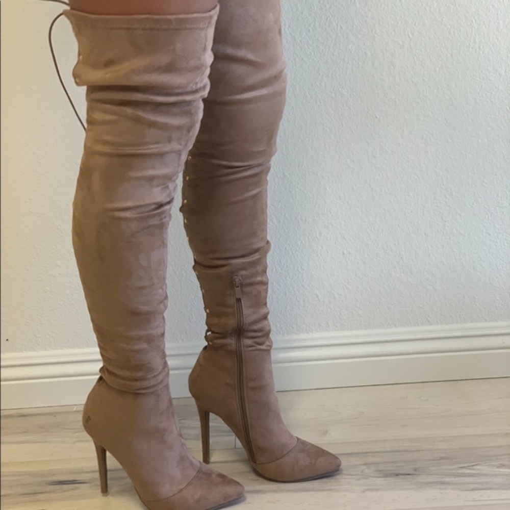 Stretchy Over the Knee Faux Suede Boots in Carmel - Picture 4 of 6
